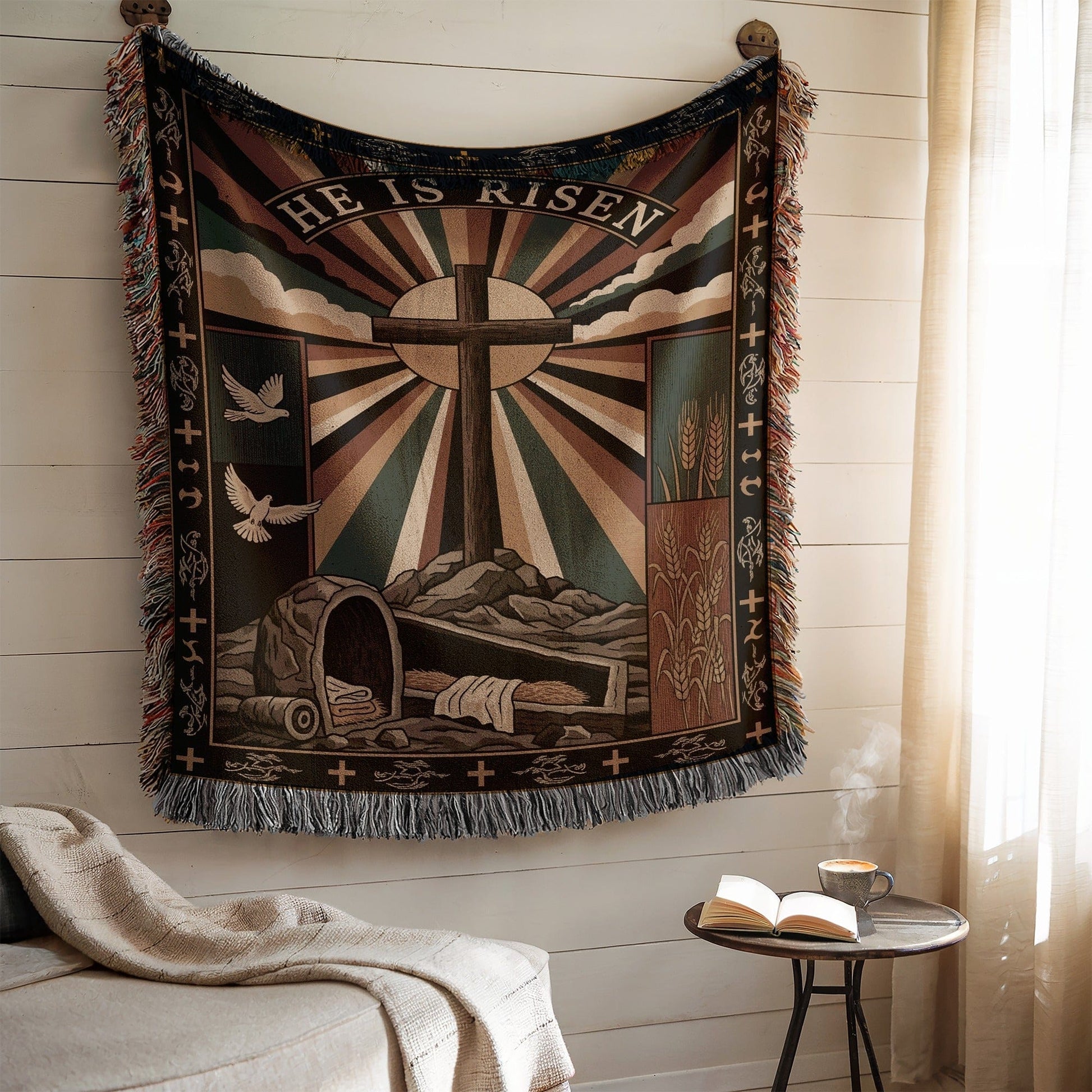 He Is Risen Cross and Tomb Wall Hanging Blanket