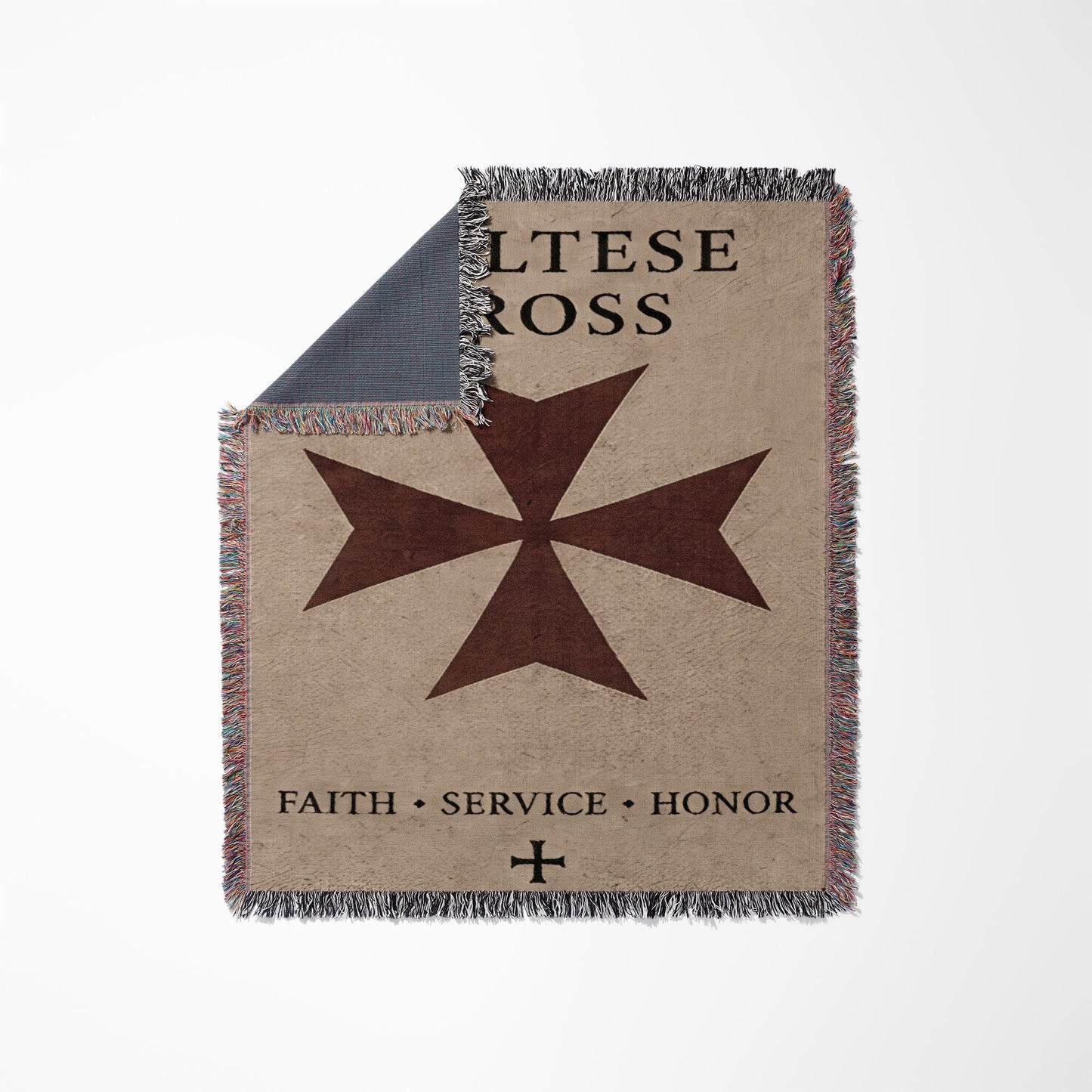 Tan blanket with dark brown cross, text "Maltese Ross", and "FAITH SERVICE HONOR".