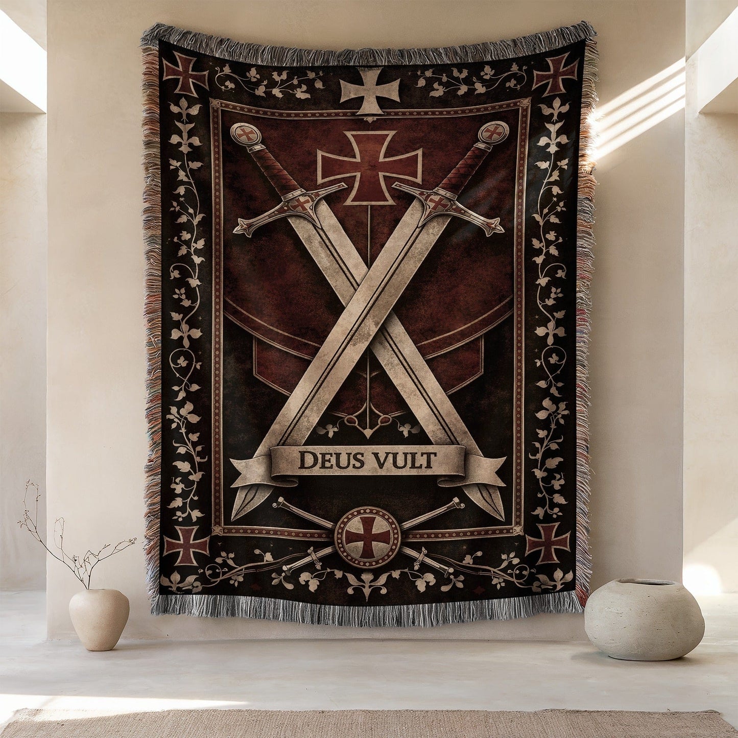 Deus Vult Tapestry with Crusader Swords Decor