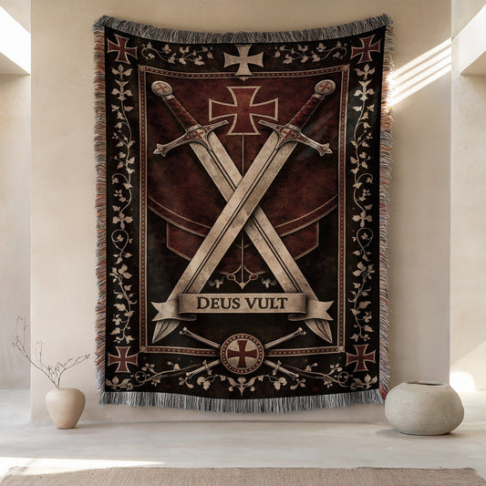 Deus Vult Tapestry with Crusader Swords Decor