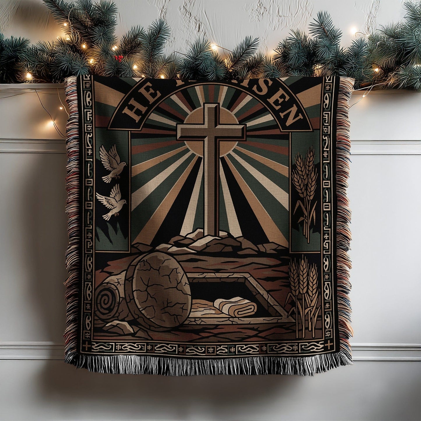 He Is Risen Cross with Dove Throw Blanket Wall Art