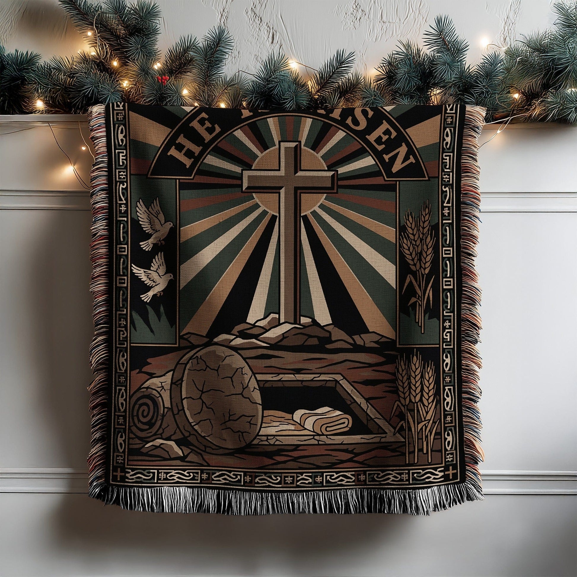 He Is Risen Cross with Dove Throw Blanket Wall Art