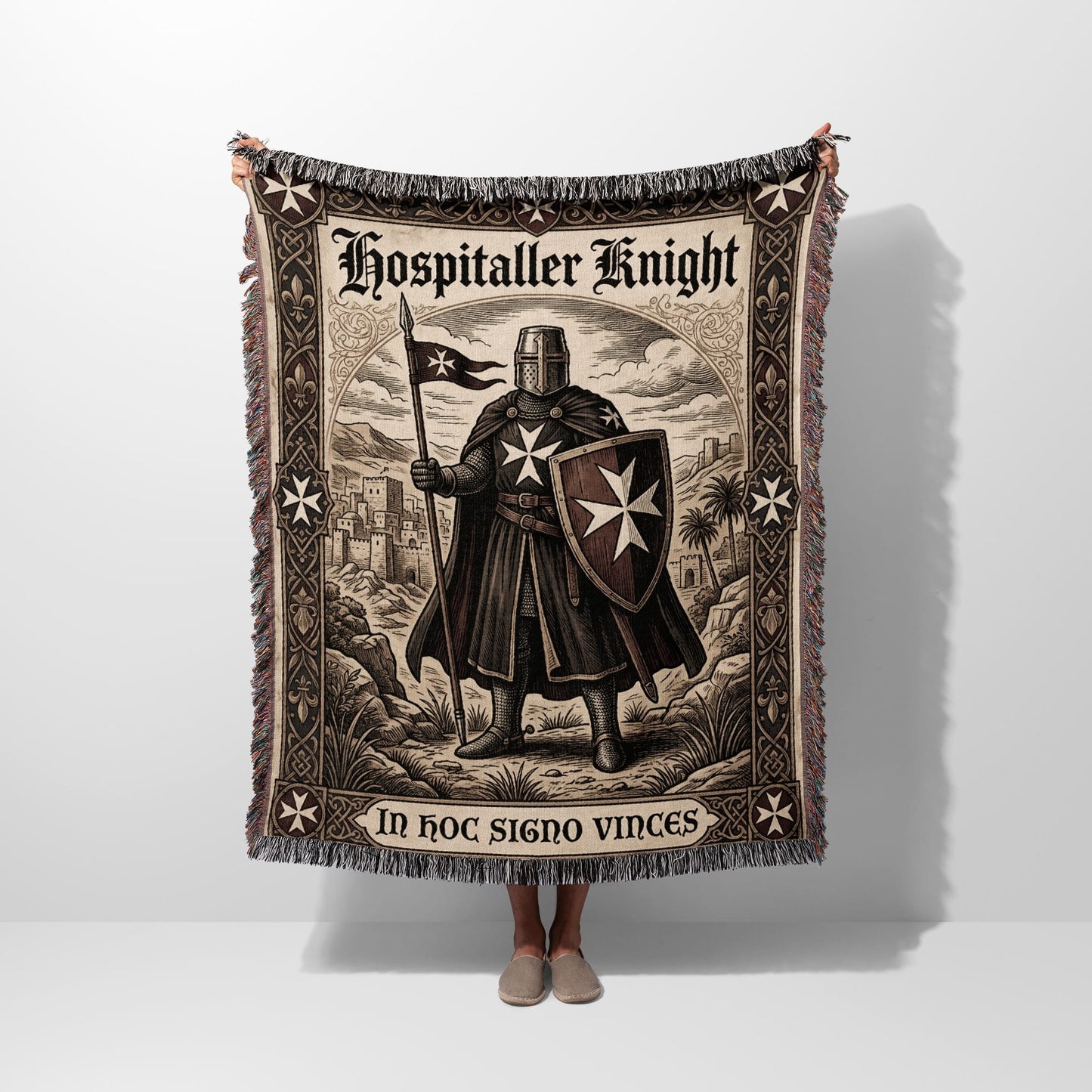 Knight with sword and shield, "In Hoc Signo" text, Templar blanket.