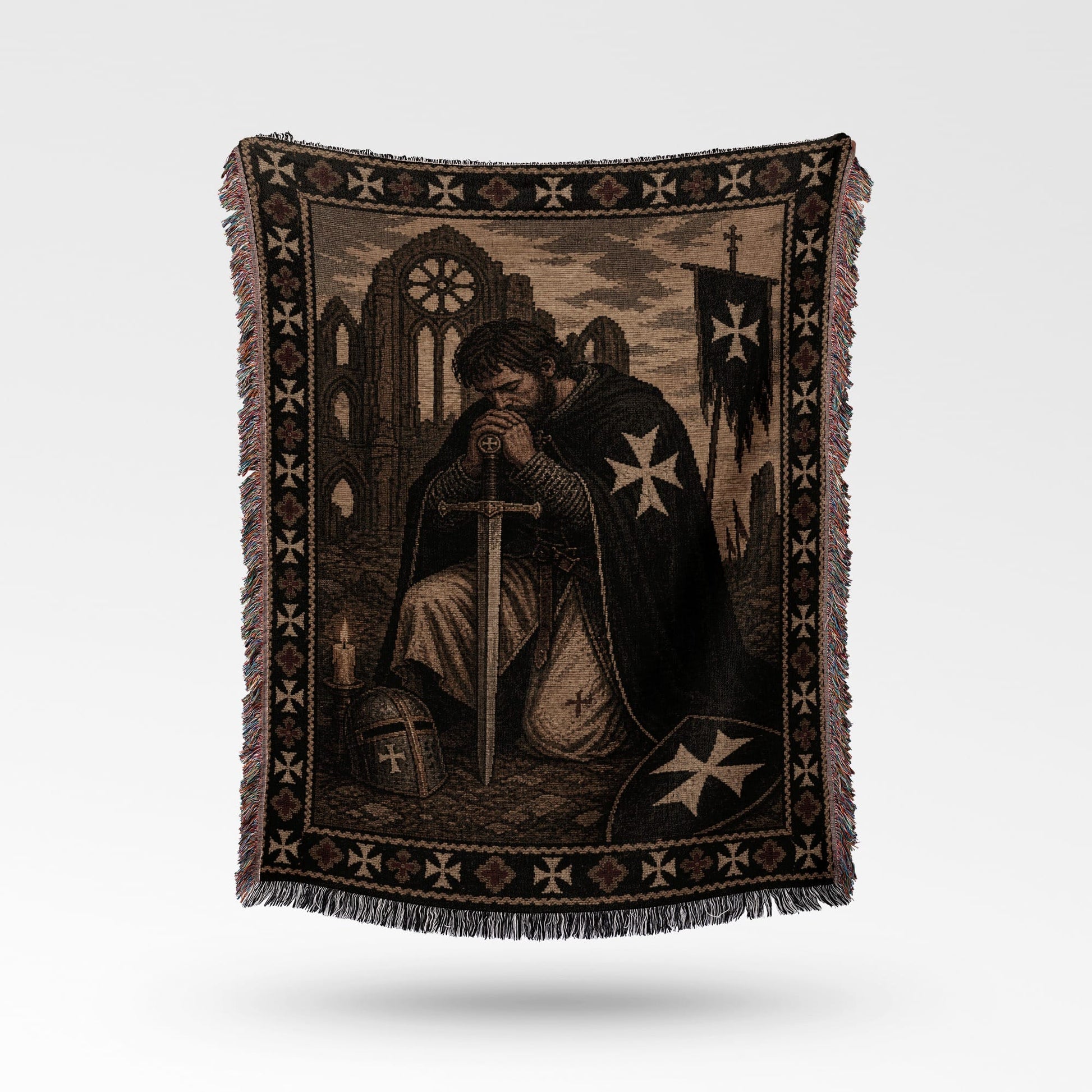 Kneeling knight in armor with sword on tapestry depicting castle and crosses.