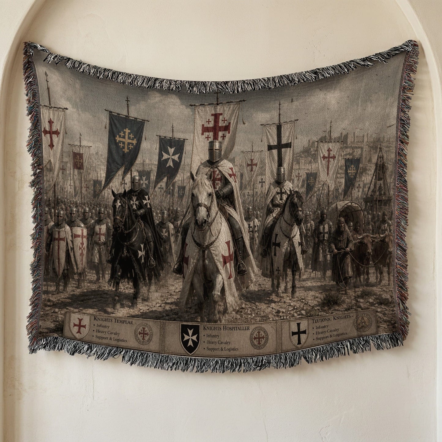 MyDesigns Medieval Tapestry Blanket – Military Orders March Woven Throw, Templar Hospitaller Teutonic Banners jacquard woven blanket