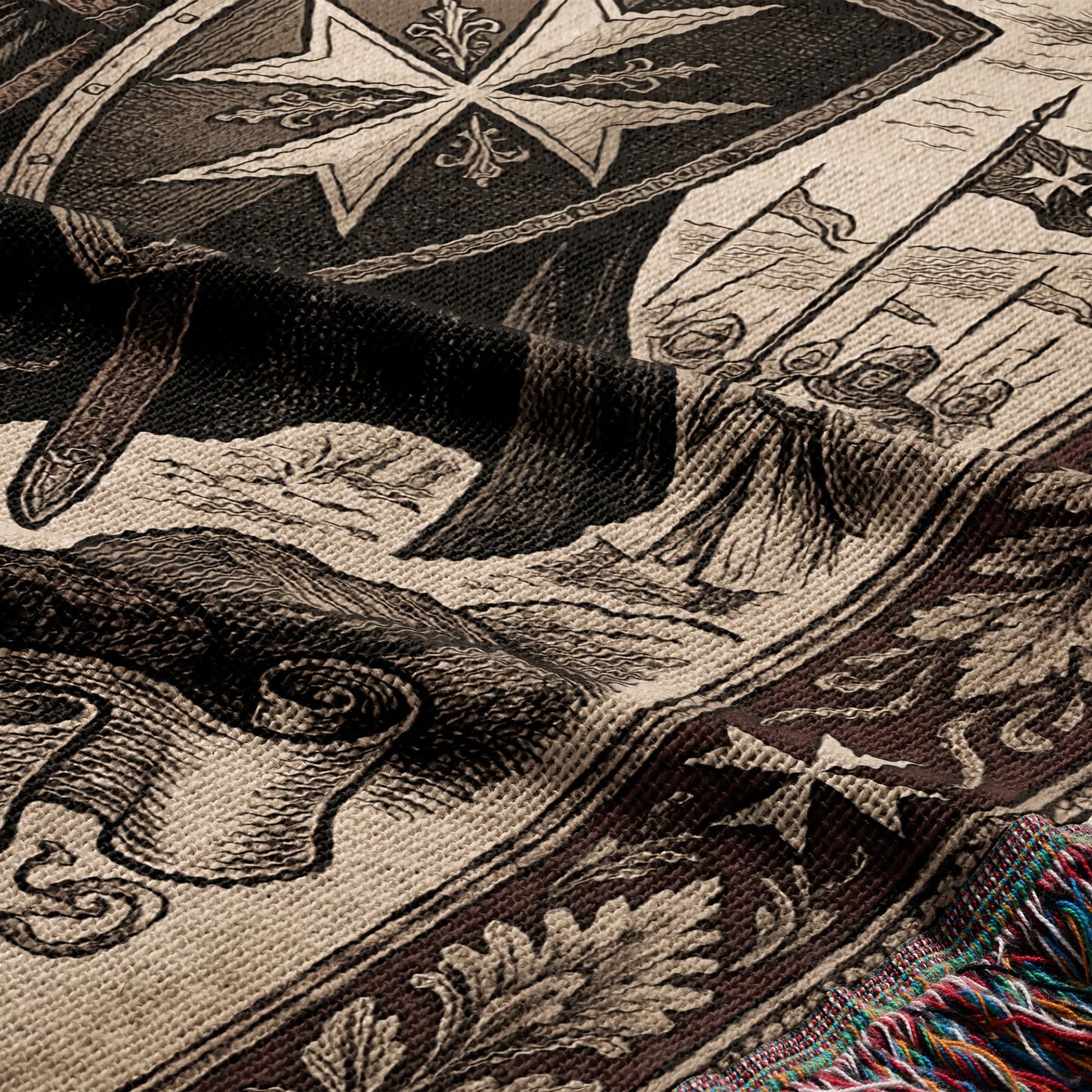 Brown and tan tapestry with medieval scene of knights and banners.