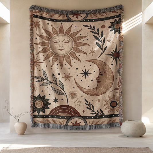 Earthy Tapestry with Sun Moon Stars and Plants Design