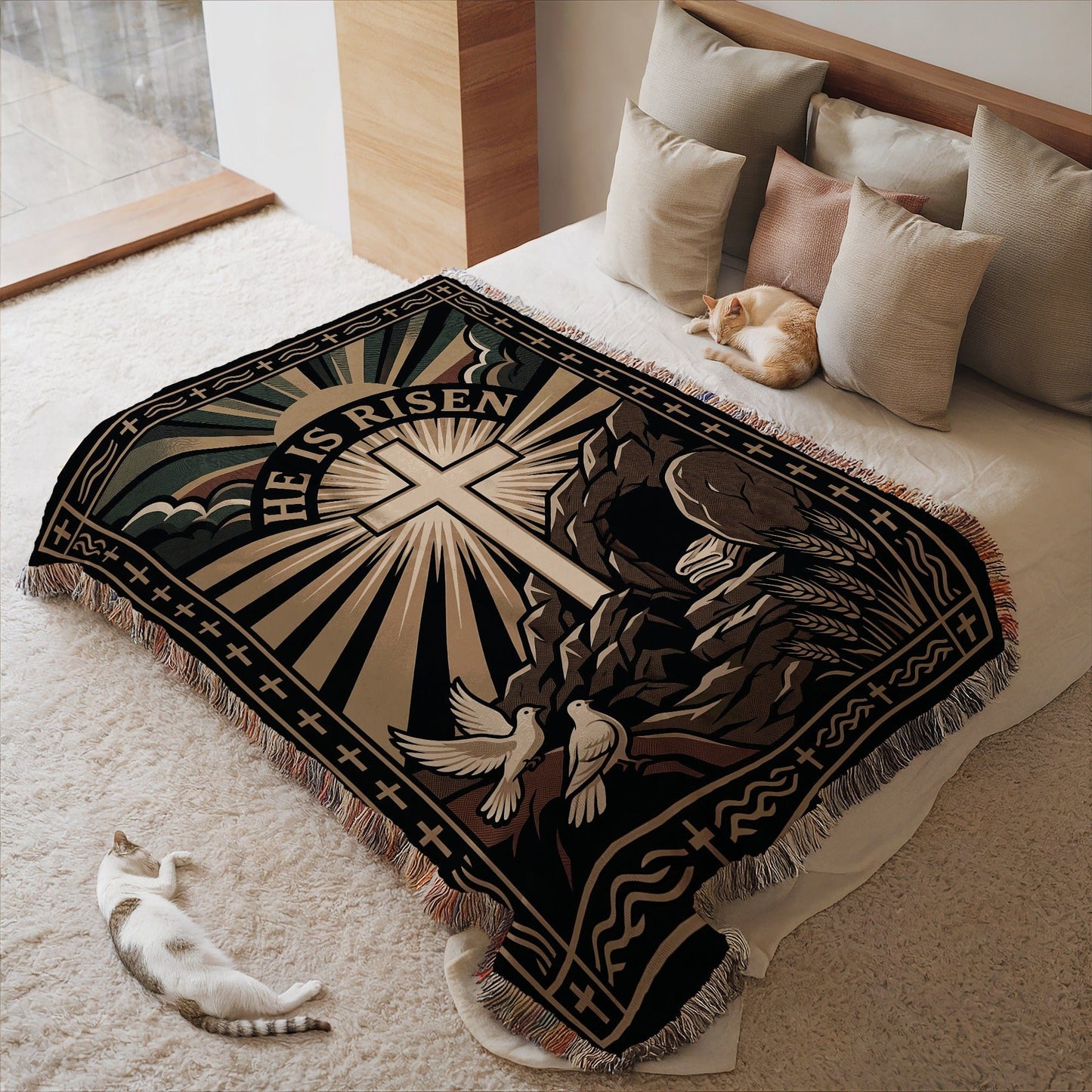 Inspirational He Is Risen Cross Blanket for Cozy Bedding