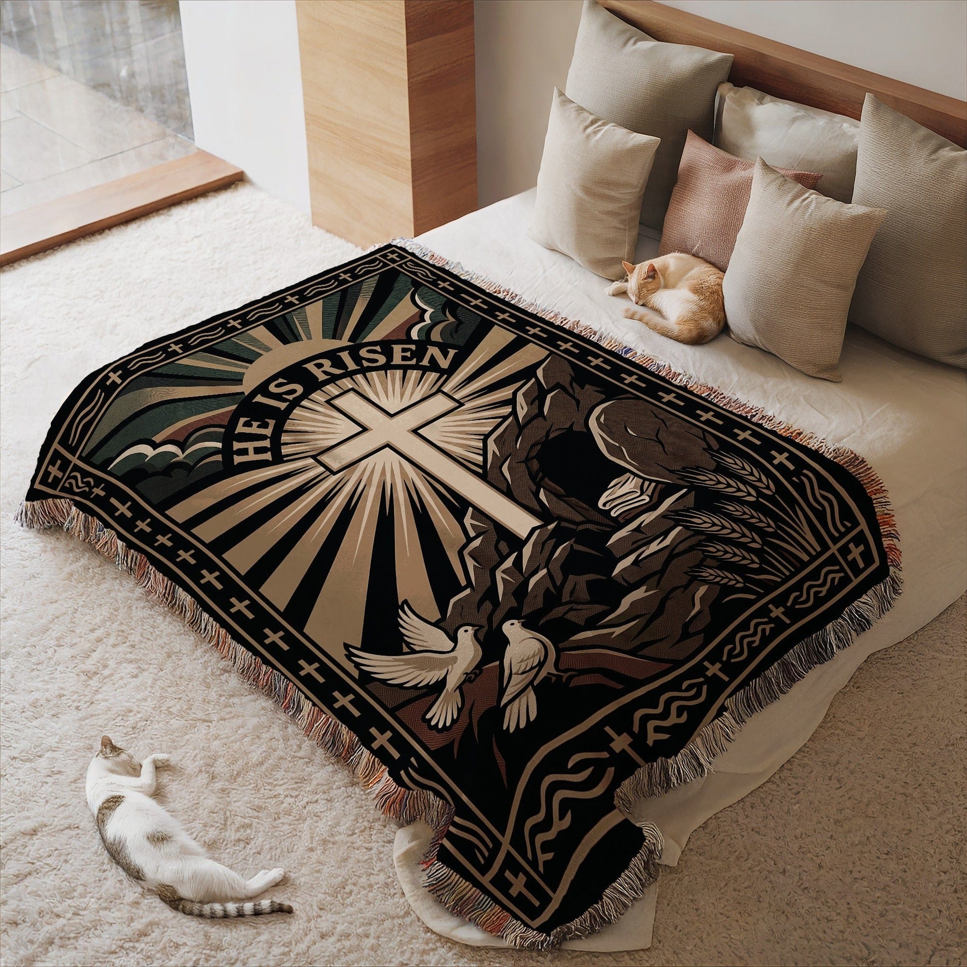 Inspirational He Is Risen Cross Blanket for Cozy Bedding