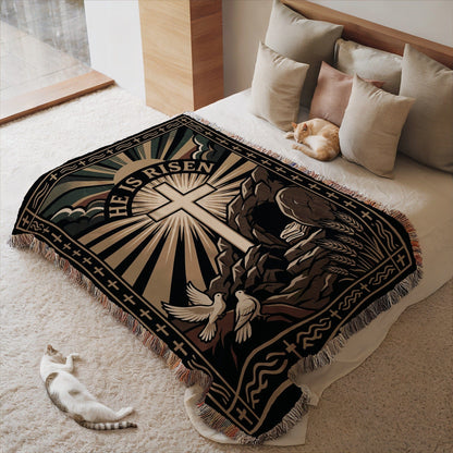 Inspirational He Is Risen Cross Blanket for Cozy Bedding