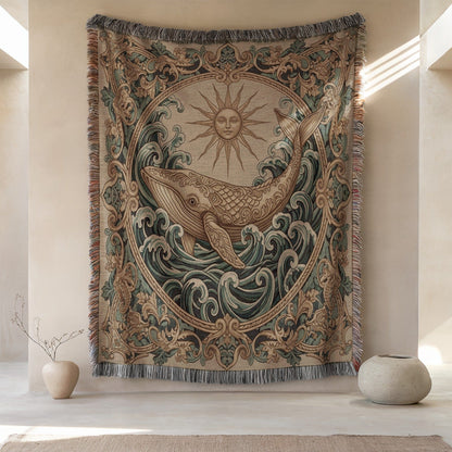 Intricate Whale and Sun Art Tapestry Wall Hanging