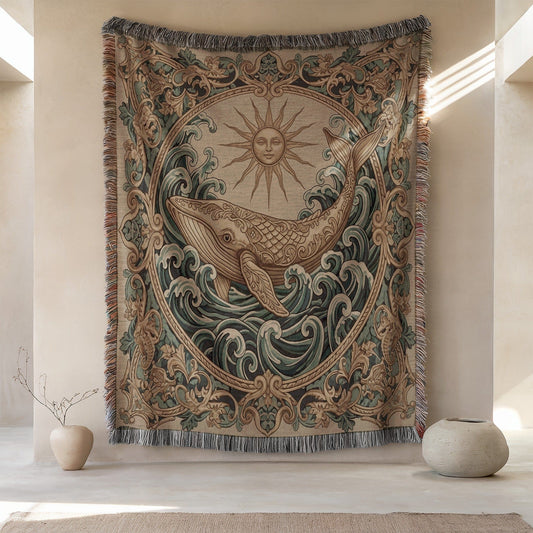 Intricate Whale and Sun Art Tapestry Wall Hanging