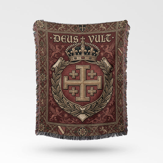 Tapestry throw with a Jerusalem cross, crown, and "Deus Vult" text.