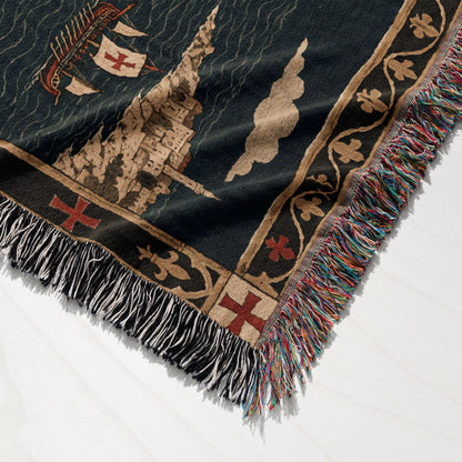 CalmNestStyle Crusader Harbor Siege I Ships at the Chain Tower jacquard woven blanket