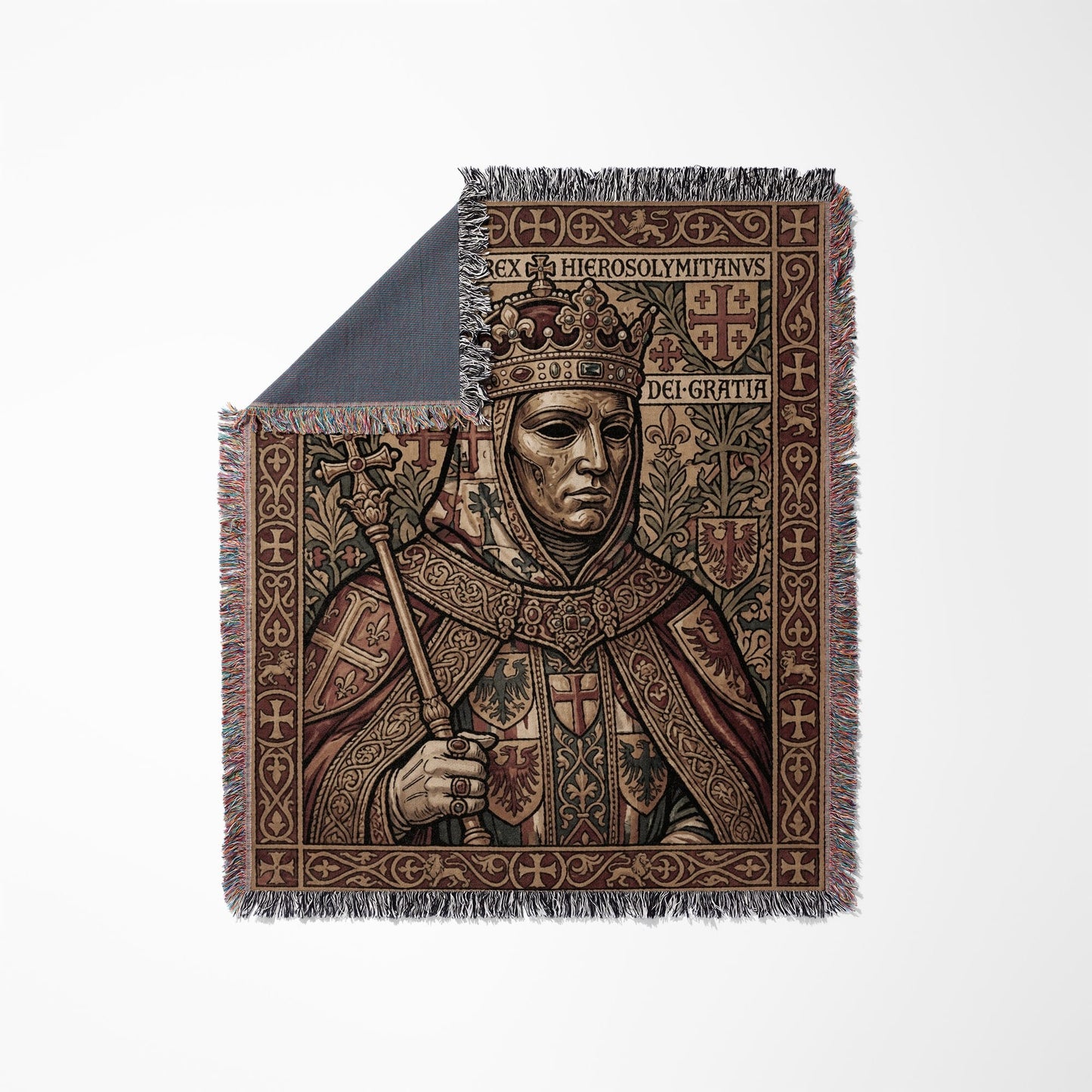 Woven tapestry featuring a regal figure with a crown and scepter, text reads "REX HIEROSOLYMITANVS DEI GRATIA".