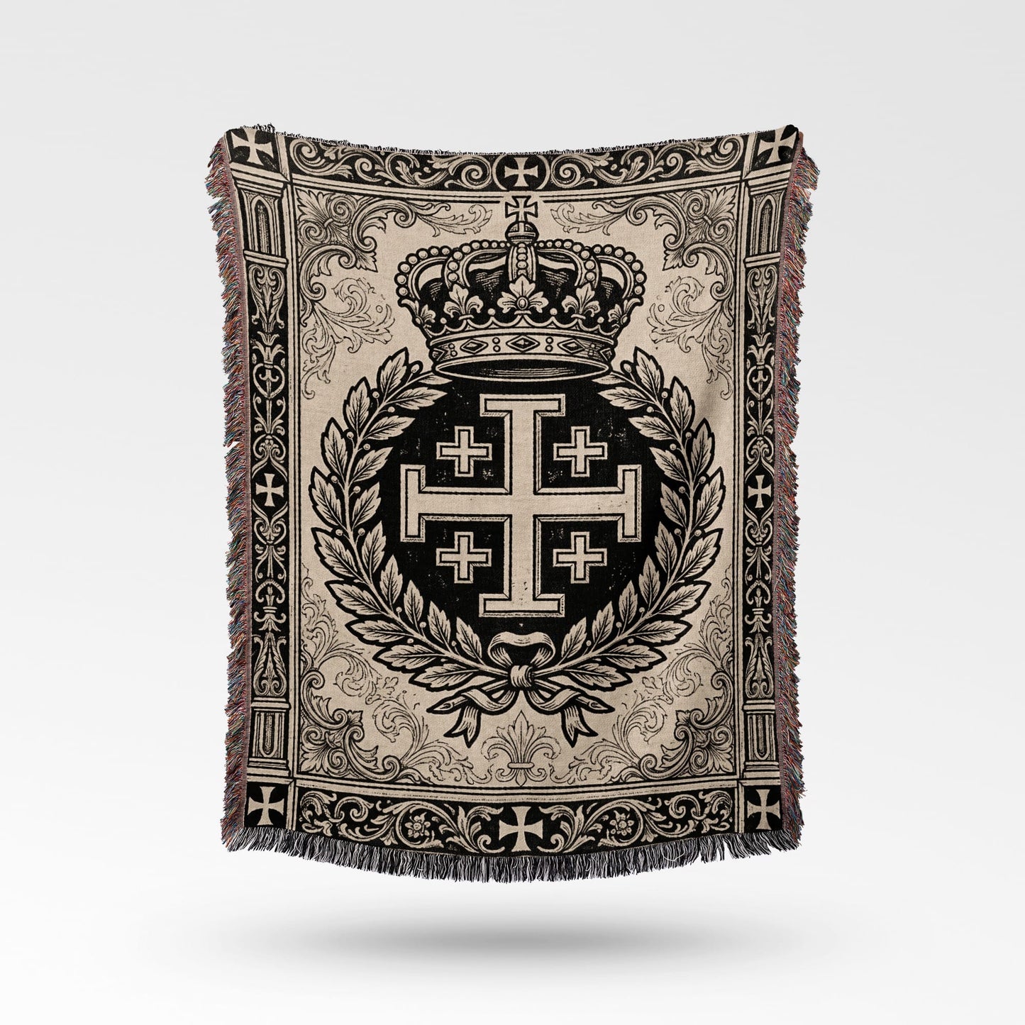 Woven blanket with detailed medieval crest featuring crown, laurel wreath, and Jerusalem cross.