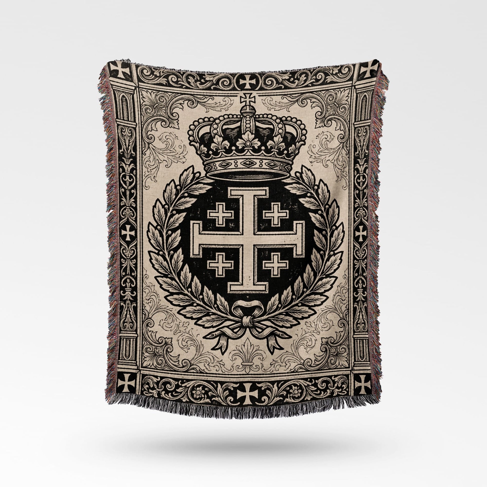 Woven blanket with detailed medieval crest featuring crown, laurel wreath, and Jerusalem cross.