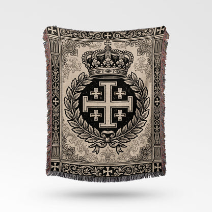 CalmNestStyle Ornate Regal Crowned Jerusalem Cross Laurel Medieval Christian Heritage Woven Blanket jacquard woven blanket