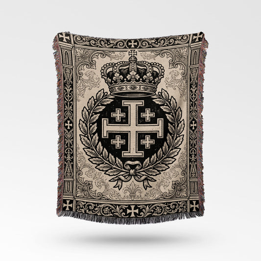 Woven blanket with detailed medieval crest featuring crown, laurel wreath, and Jerusalem cross.