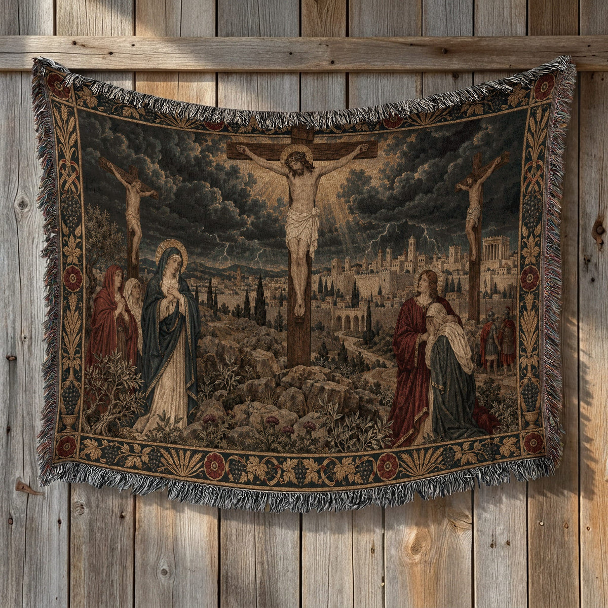 CalmNestStyle Crucifixion at Calvary jacquard woven blanket