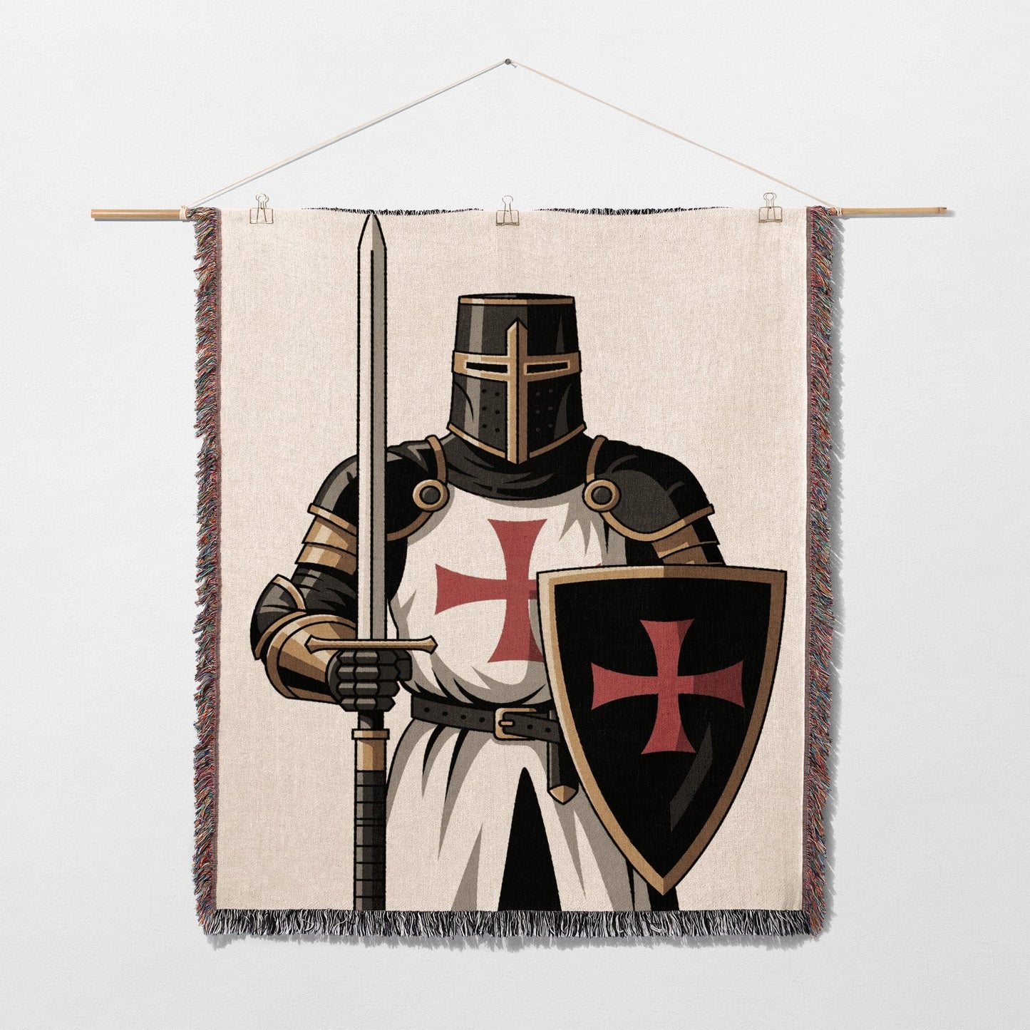 Knight in armor holding sword and shield with red cross insignia.