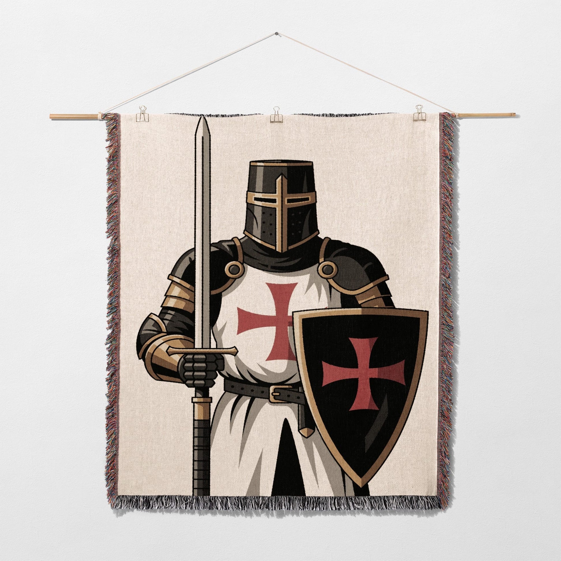 Knight in armor holding sword and shield with red cross insignia.