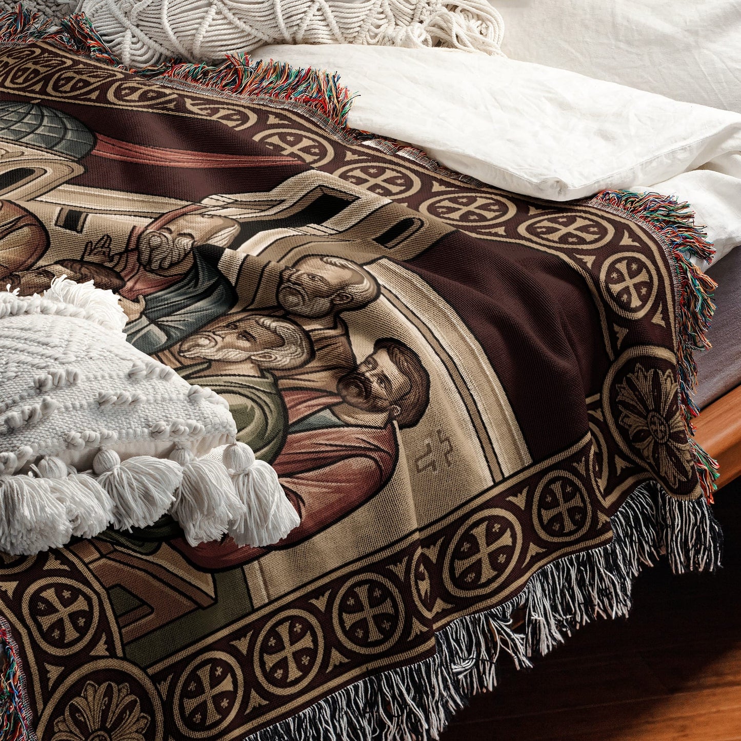 MyDesigns Mystical Supper Horizontal Tapestry - Red Cream Orthodox Icon jacquard woven blanket