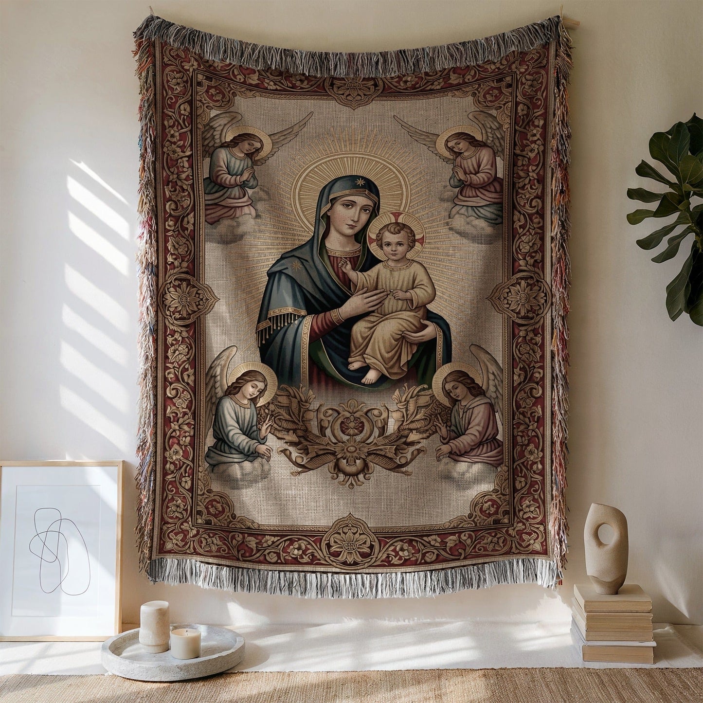 Beautiful Virgin Mary and Child Fringed Tapestry Wall Art