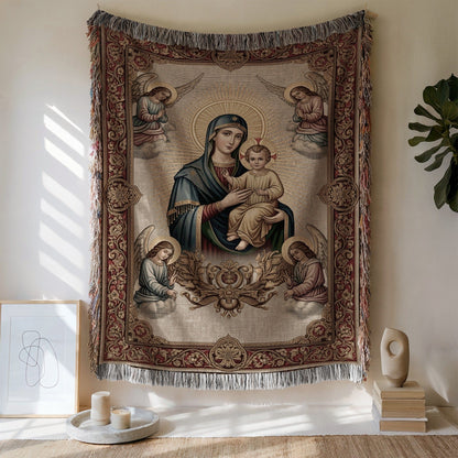 Beautiful Virgin Mary and Child Fringed Tapestry Wall Art