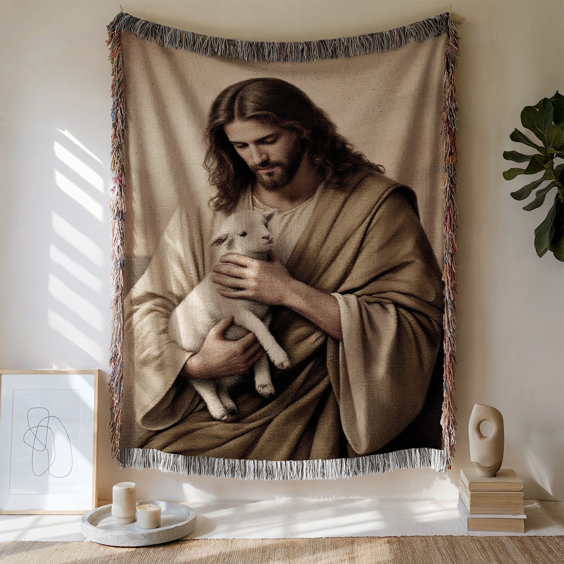 Jesus Holding Lamb Wall Tapestry for Home Decoration