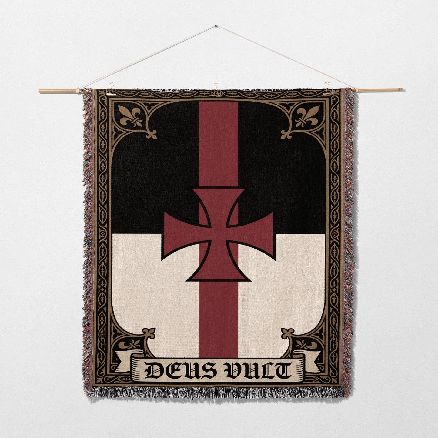 Tapestry with black, red, and white Crusader cross and "DEUS VULT" text.