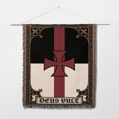 Tapestry with black, red, and white Crusader cross and "DEUS VULT" text.