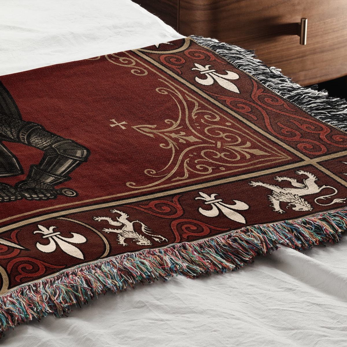 CalmNestStyle Hospitaller Knights Duel Cream Heraldic Border Woven Blanket jacquard woven blanket