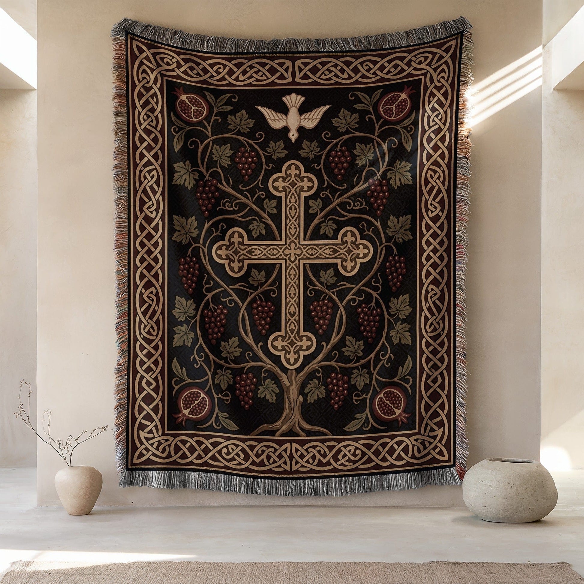 Ornate Cross Tapestry with Dove and Grapes Design