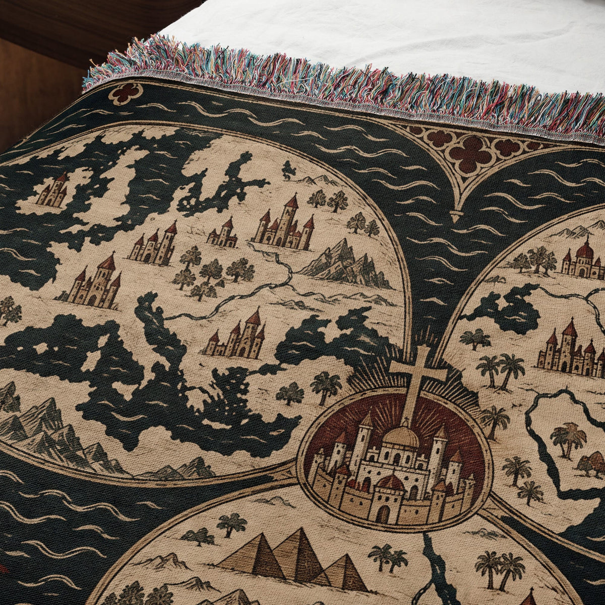 CalmNestStyle Mappa Mundi I Crowned Jerusalem jacquard woven blanket
