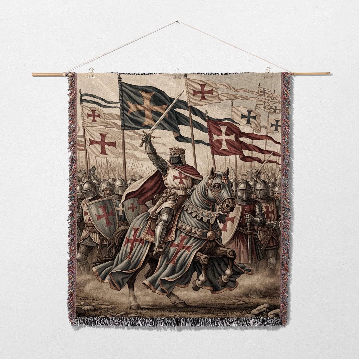 Knight on horseback with sword raised, leading a troop of soldiers with banners.