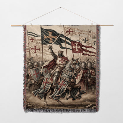 Knight on horseback with sword raised, leading a troop of soldiers with banners.