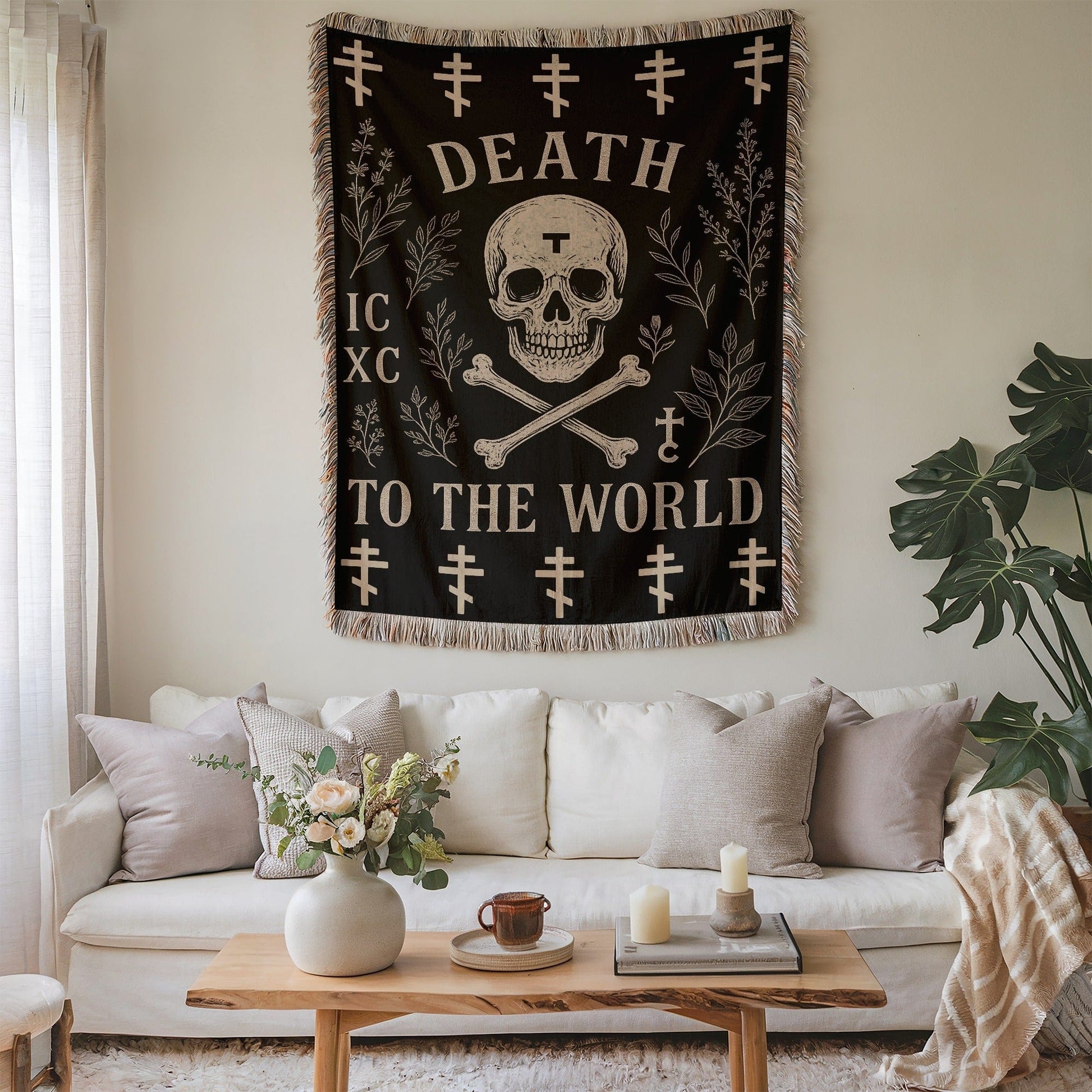 Death to the World Skull and Crossbones Tapestry