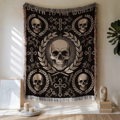 Death To The World Skull and Cross Themed Tapestry