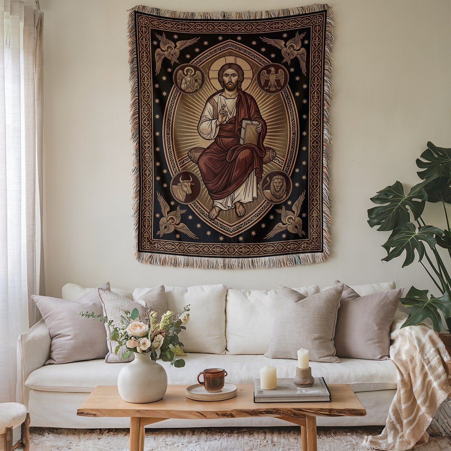 Religious Tapestry Wall Art with Iconography Design