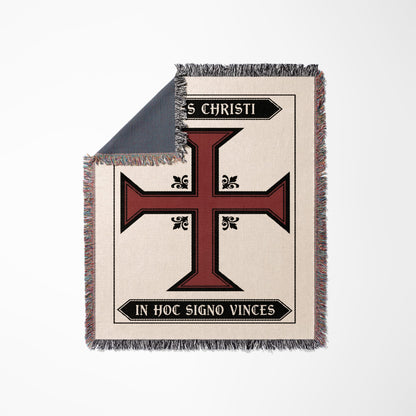 Cream blanket with a red cross and "IN HOC SIGNO VINCES" text.