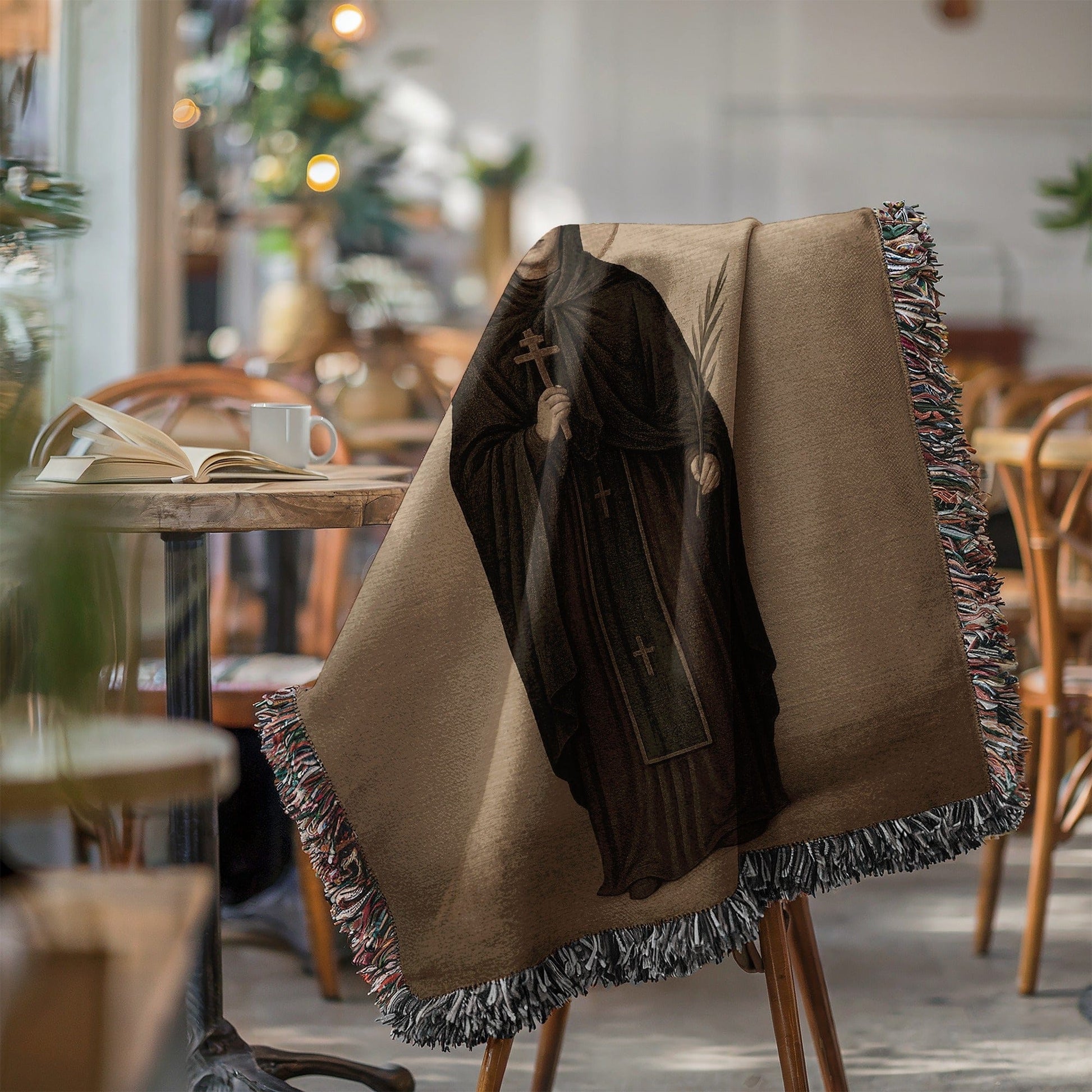 Dark Hooded Monk Holding Crosses Woven Blanket