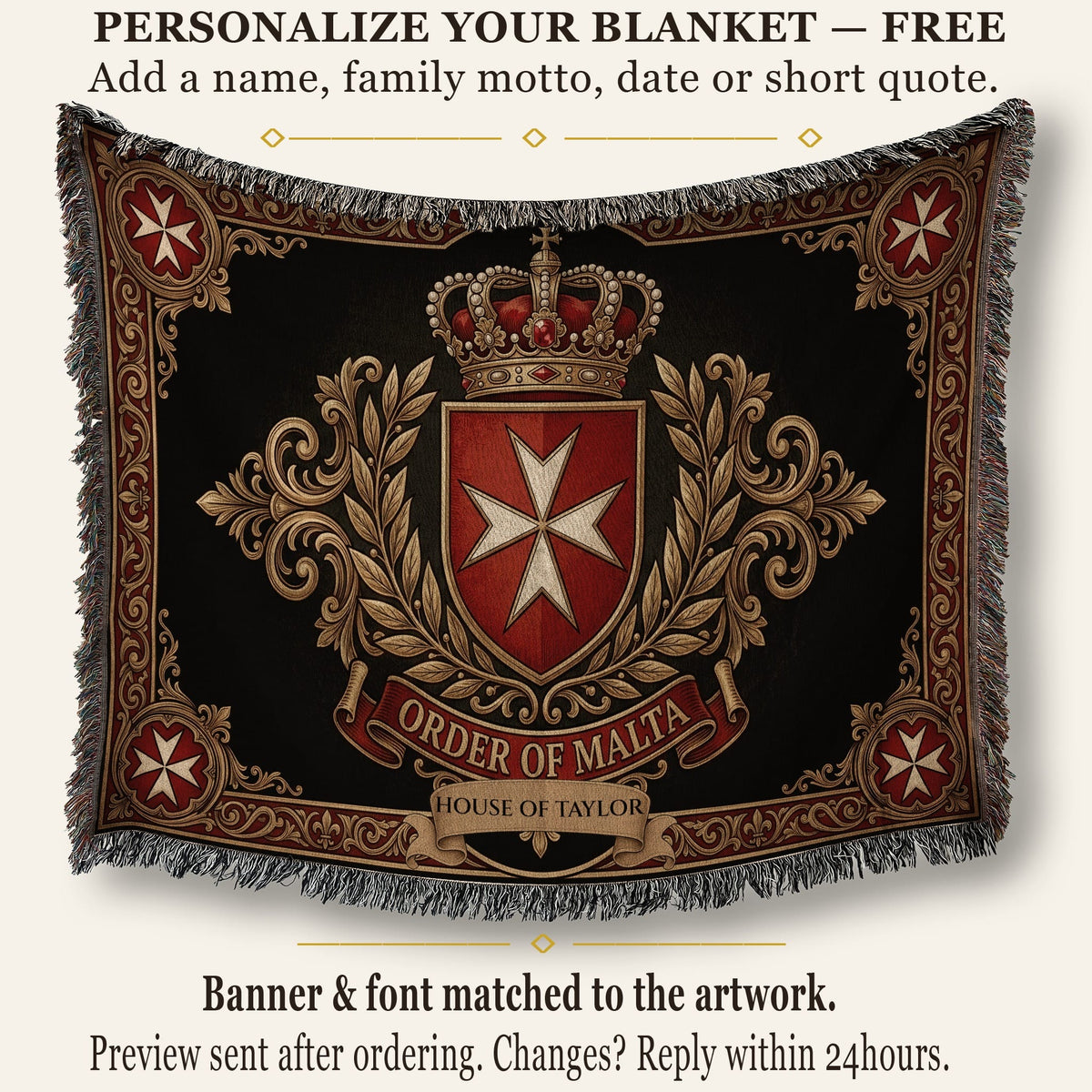 CalmNestStyle Order of Malta Crowned Crest Gold Scroll Woven Blanket jacquard woven blanket