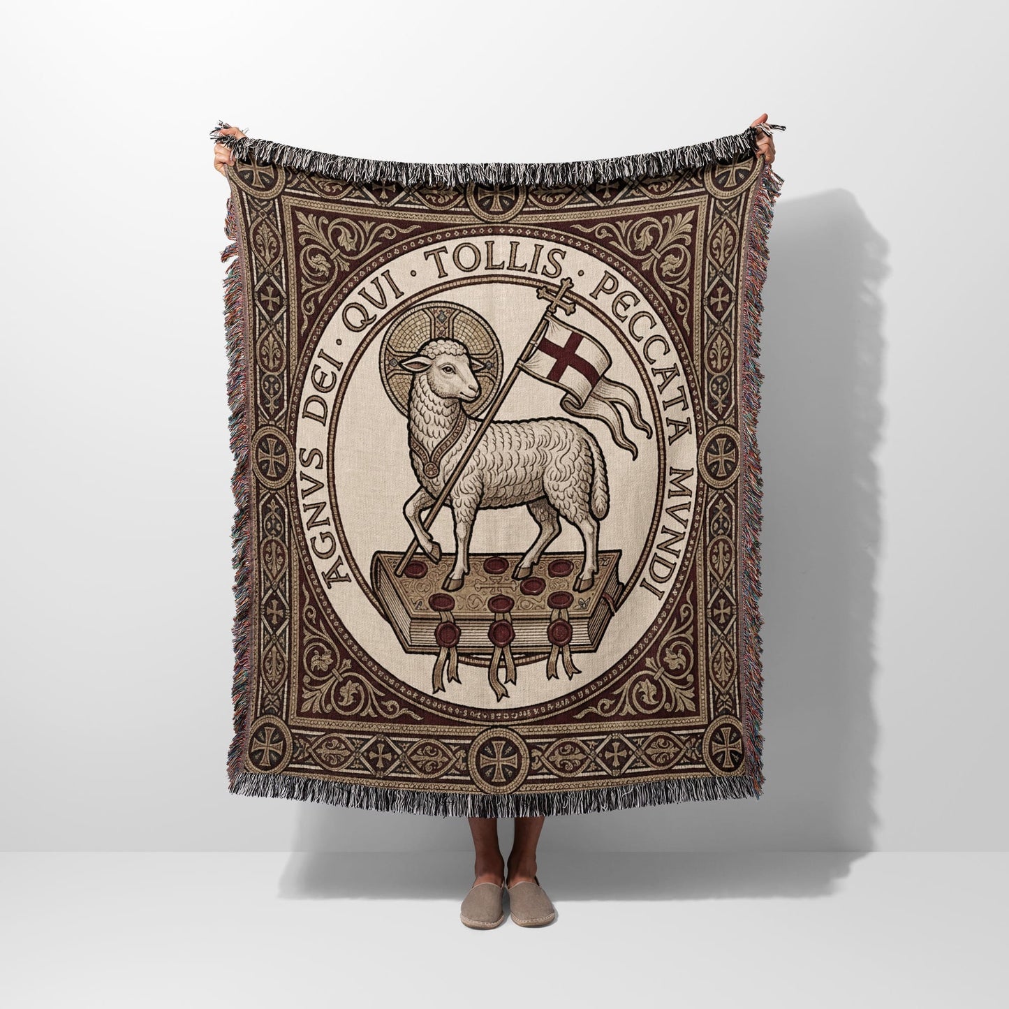 Lamb of God tapestry blanket with Latin text and fringe.