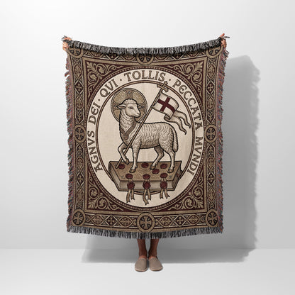 Lamb of God tapestry blanket with Latin text and fringe.