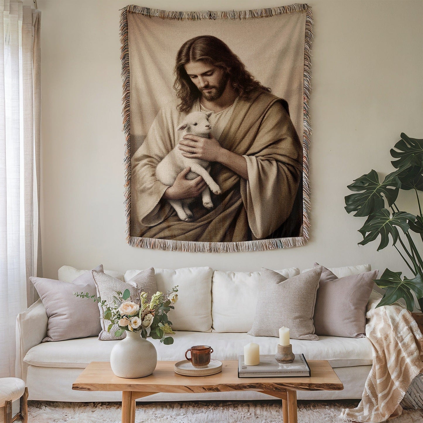 Jesus Holding Lamb Wall Tapestry Decor for Homes