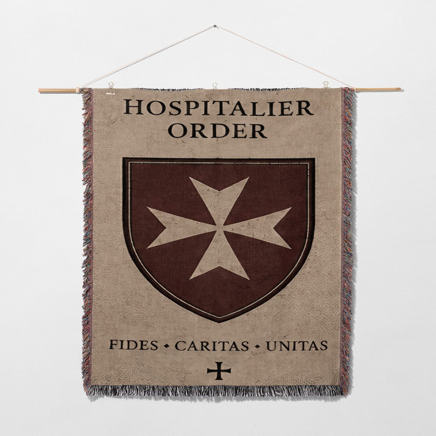 Hospitalier Order banner with Maltese cross and Fides Caritas Unitas motto.