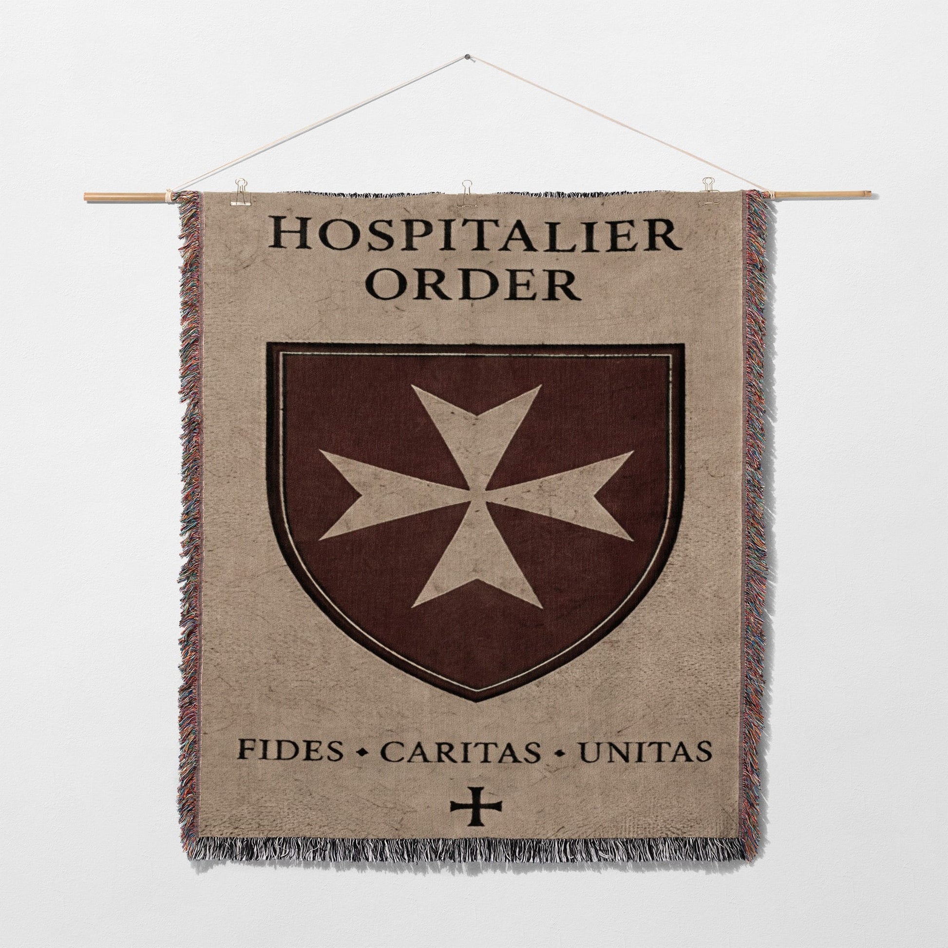 Hospitalier Order banner with Maltese cross and Fides Caritas Unitas motto.