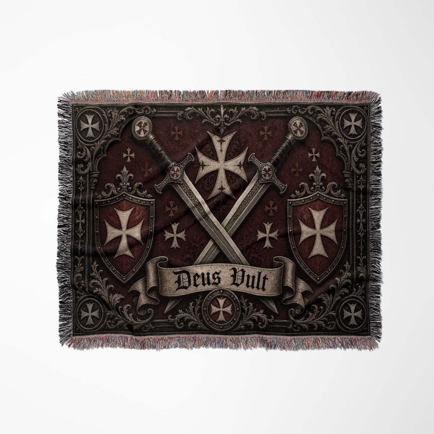 CalmNestStyle Medieval Blanket with Deus Vult Scroll – Crossed Swords Crusader Shields Woven Throw jacquard woven blanket