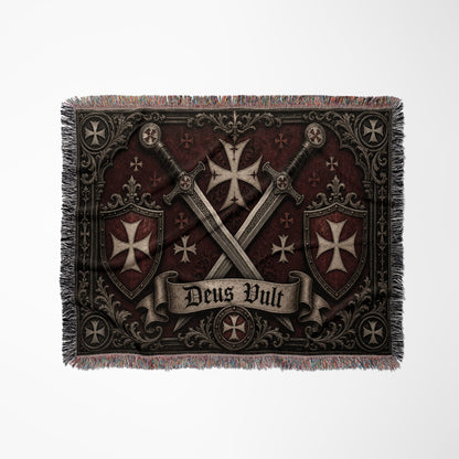 CalmNestStyle Medieval Blanket with Deus Vult Scroll – Crossed Swords Crusader Shields Woven Throw jacquard woven blanket